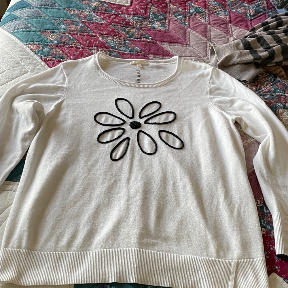 Lisa Todd White Long Sleeve Top with Black Floral Design